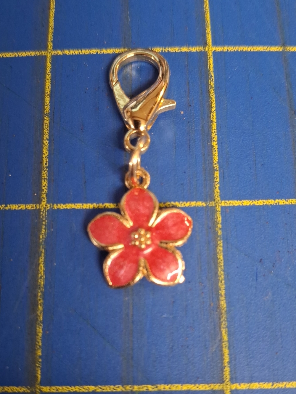 Red Flower Enamel Charm Gold Tone Lobster Clasp 1.5" New